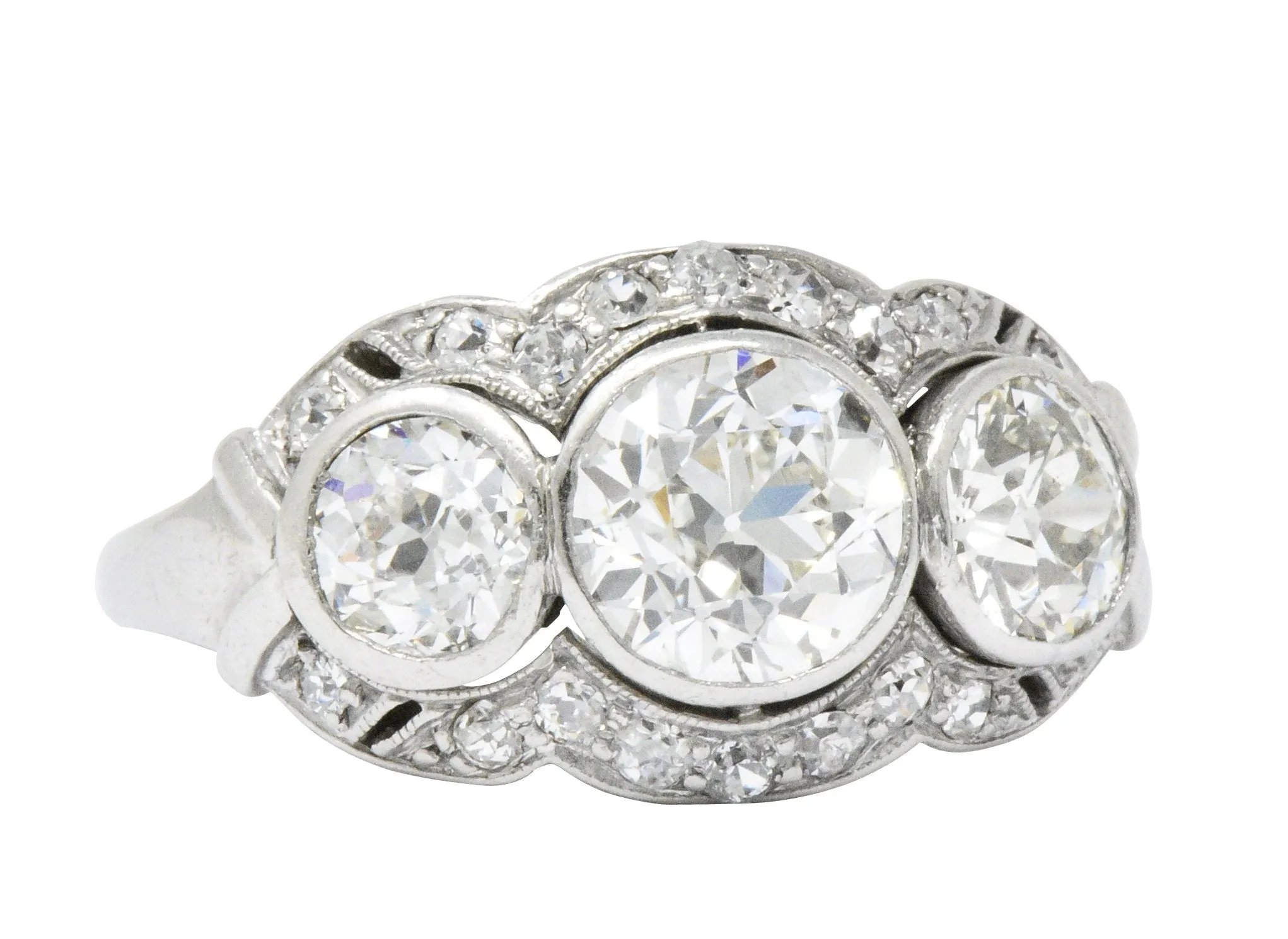 Retro 1940's Three Stone 2.60 CTW Diamond Palladium Ring