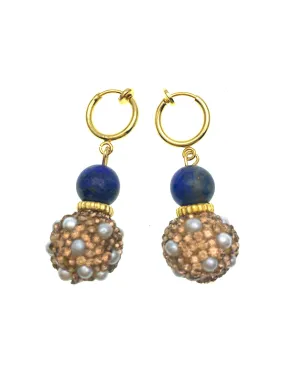 Round Lapis With Rhinestones Bordered Pearls Simple Dangle Earrings FE014