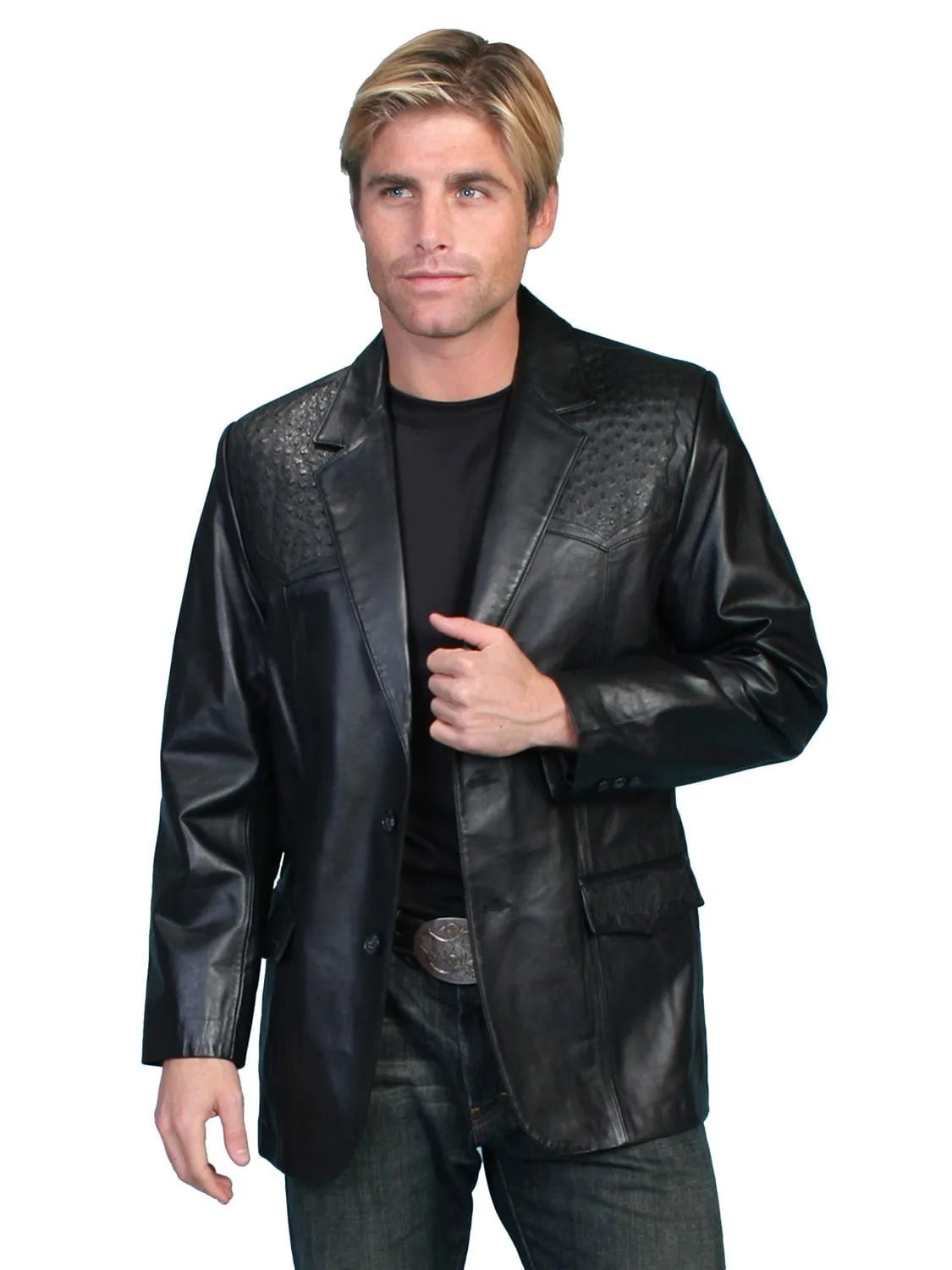 Scully Leather Mens Black Lambskin Ostrich Trim Western Blazer