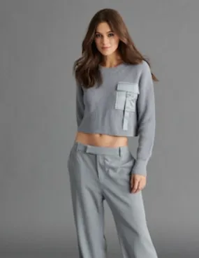 Steve Madden Grey Satin Cargo Pocket Crewneck MADISON Sweater