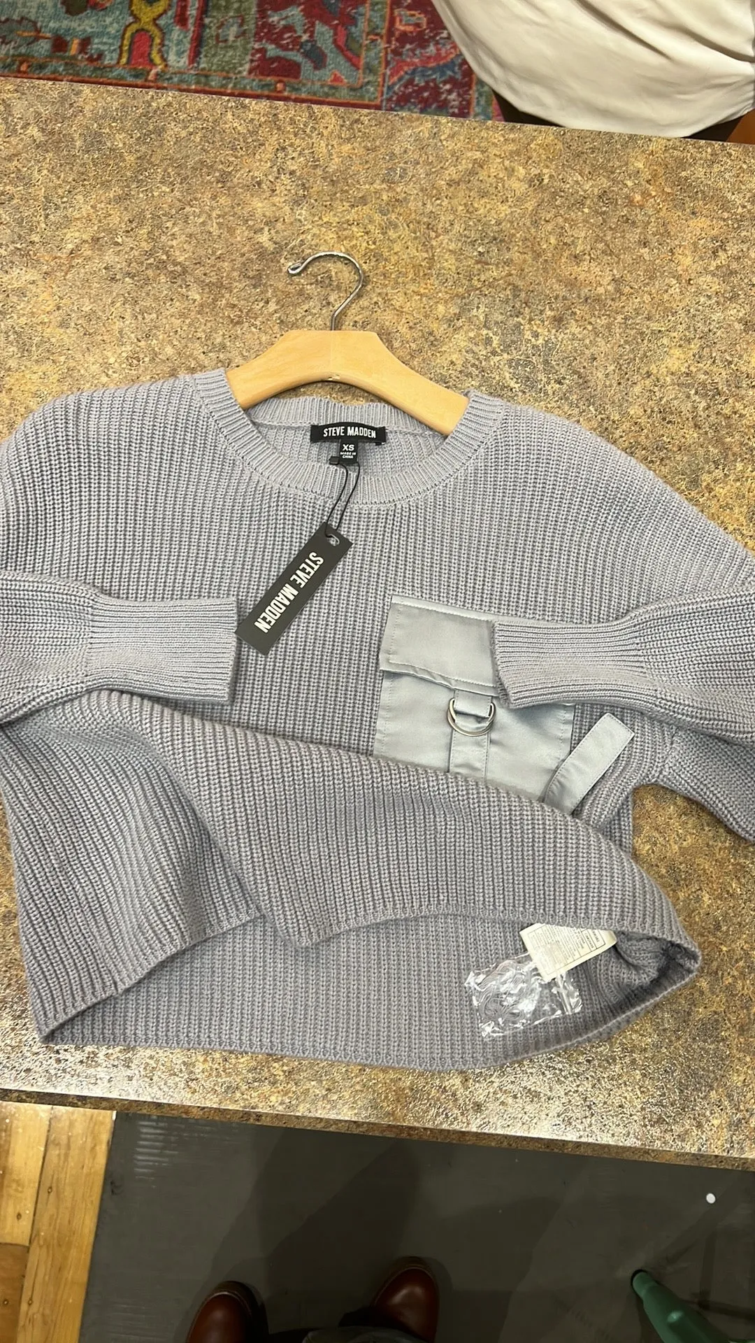 Steve Madden Grey Satin Cargo Pocket Crewneck MADISON Sweater