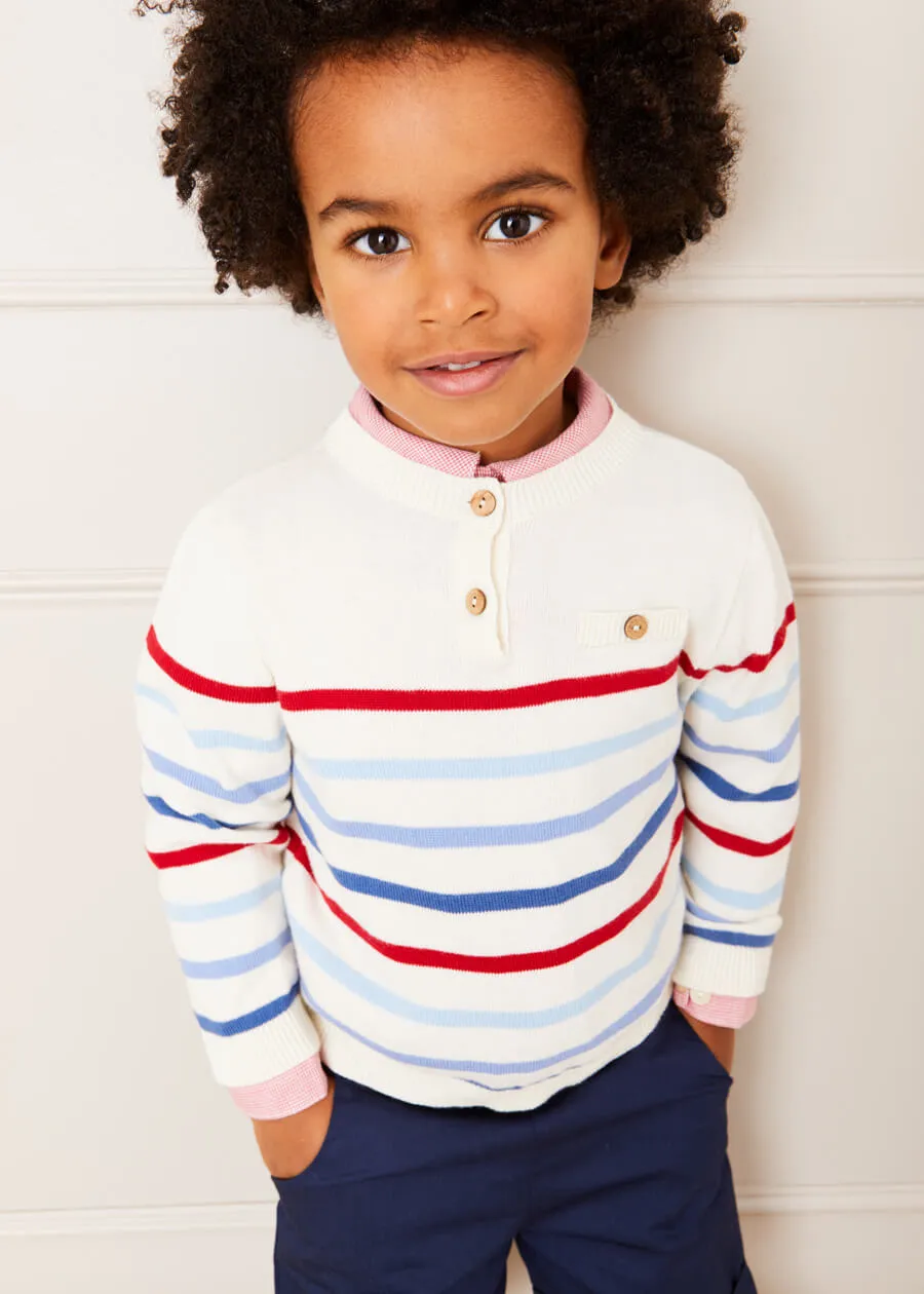 Striped Crewneck Button Detail Jumper in Red (12mths-10yrs)