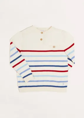 Striped Crewneck Button Detail Jumper in Red (12mths-10yrs)