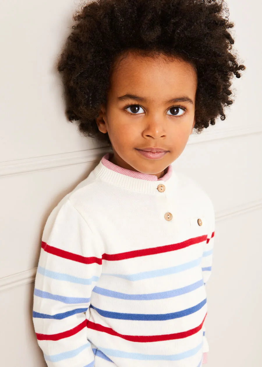 Striped Crewneck Button Detail Jumper in Red (12mths-10yrs)