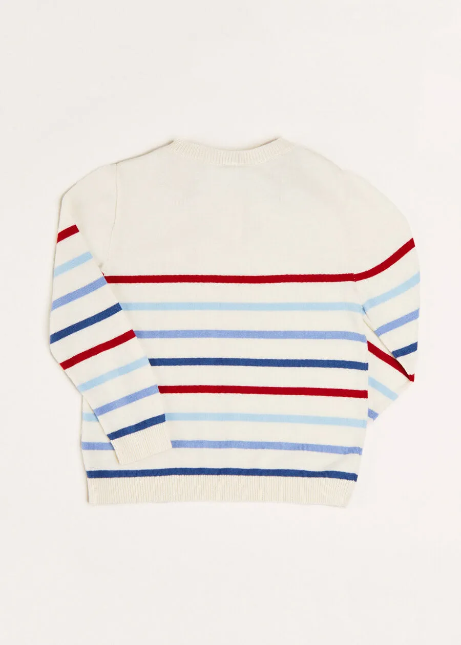 Striped Crewneck Button Detail Jumper in Red (12mths-10yrs)