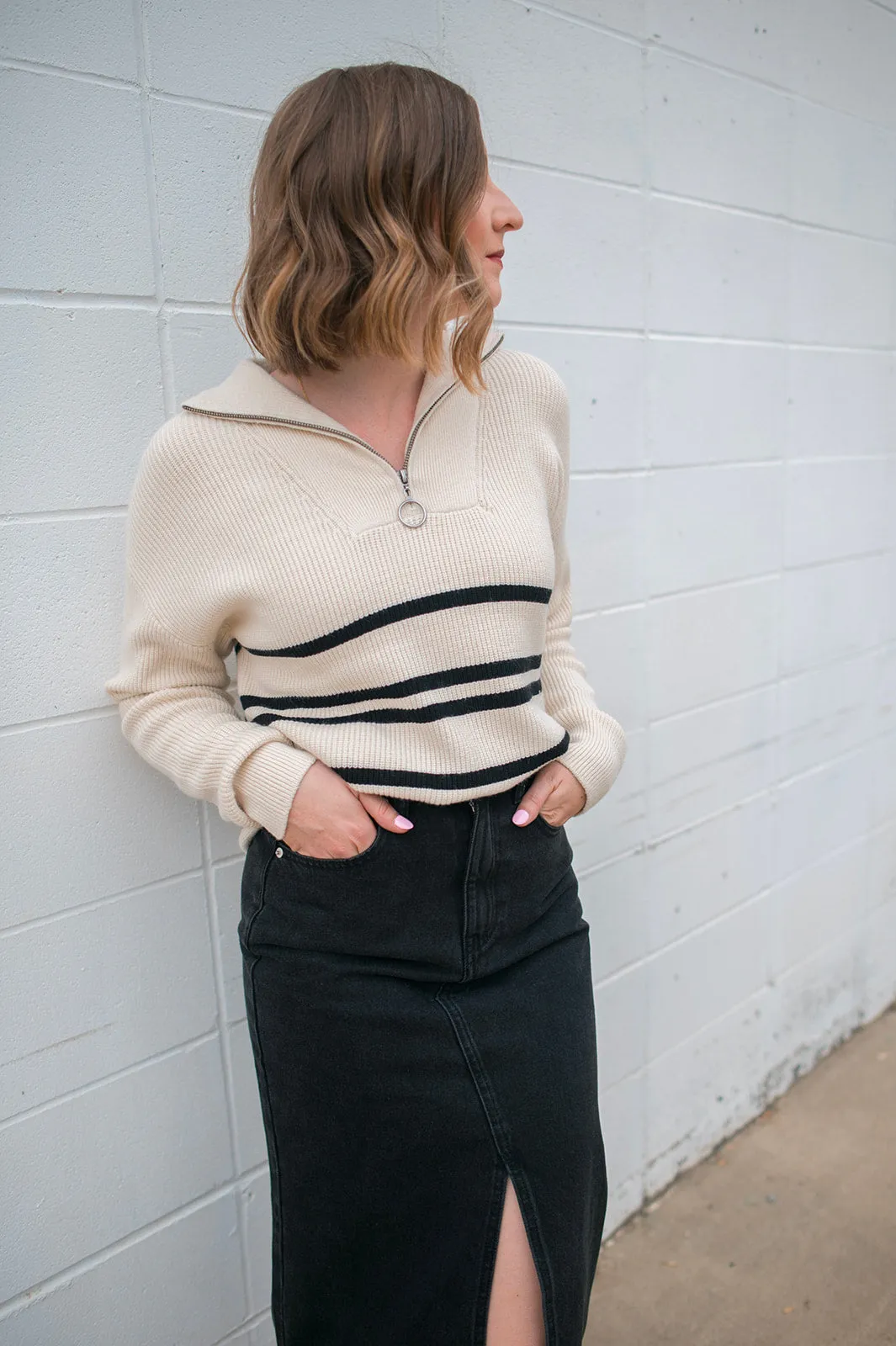 The Aslo Zippered Pullover Sweater - Black Stripe