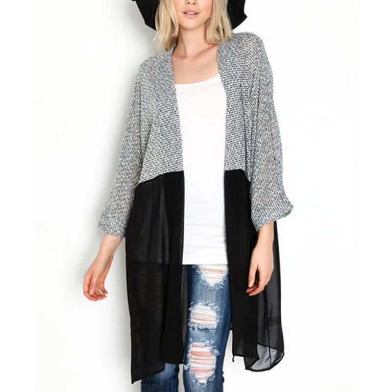 Women Bat Sleeved Long Casual Coat Cardigan Knitted Patchwork Shirt SM6