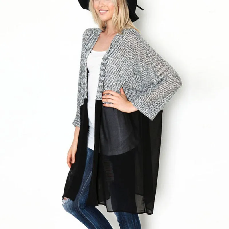 Women Bat Sleeved Long Casual Coat Cardigan Knitted Patchwork Shirt SM6