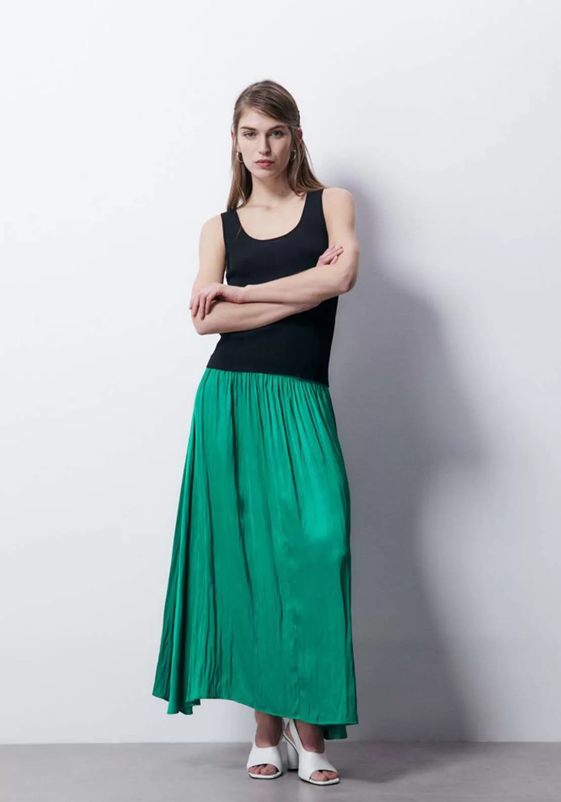 Wrinkled Midi Skirt - Green